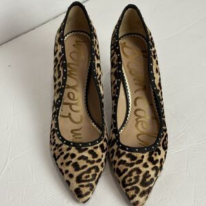 Sam Edelman Leopard Calf Hair Tiana Pointed Toe Pump High Heel Size 8M Studded